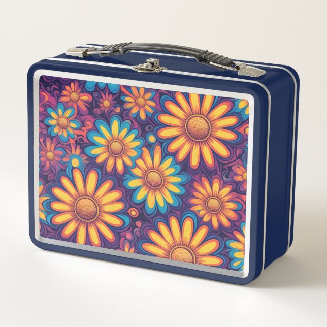 Colourful Daisy flower rustic psychedelic pattern Metal Lunch Box (Front)