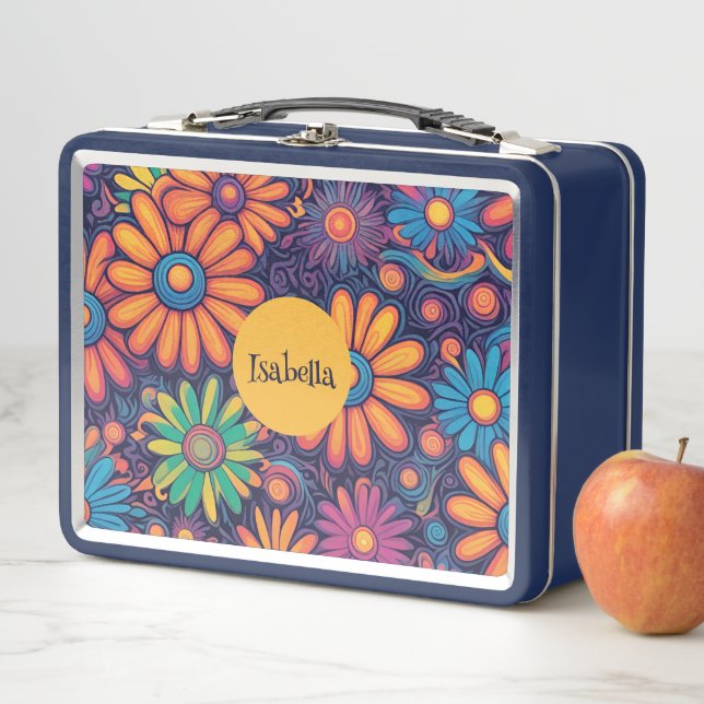 Colourful Daisy flower rustic psychedelic pattern  Metal Lunch Box (In Situ)