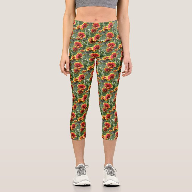 Colourful Daisy Flowers Nature Pattern    Capri Leggings (Front)