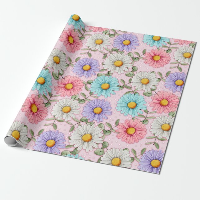Colourful Daisy Flowers Pink  Wrapping Paper (Unrolled)