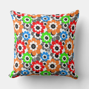Colourful Daisy flowers Red Blue Green Retro Cushion