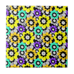 Colourful daisy flowers Yellow Turquoise Purple  Tile
