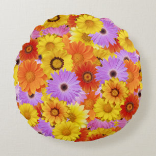 Colourful Daisy Garden - Bright Floral Decor Round Cushion
