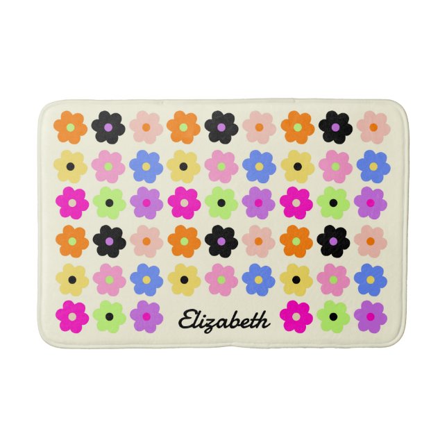 Colourful Daisy Pattern Minimalist Floral Name Bath Mat (Front)