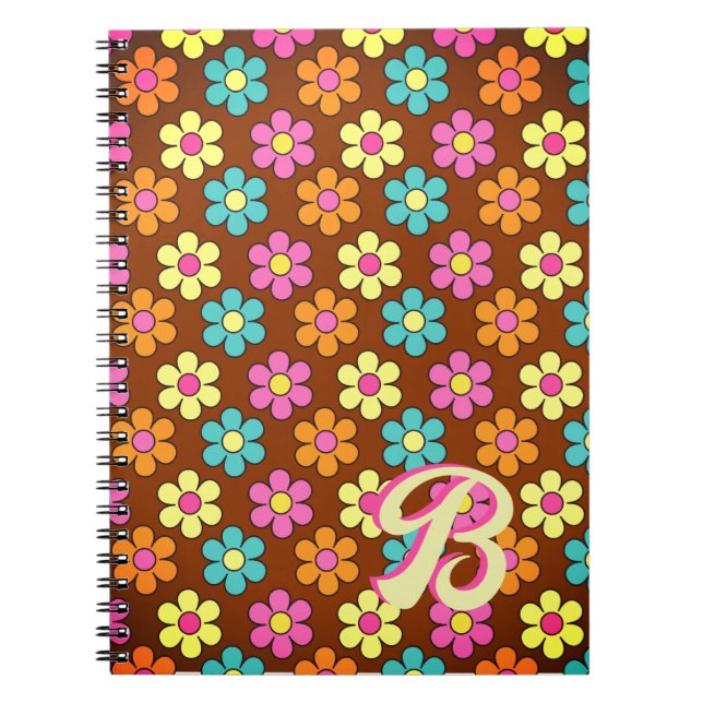 Colourful Daisy Pattern Retro Monogram Notebook (Front)