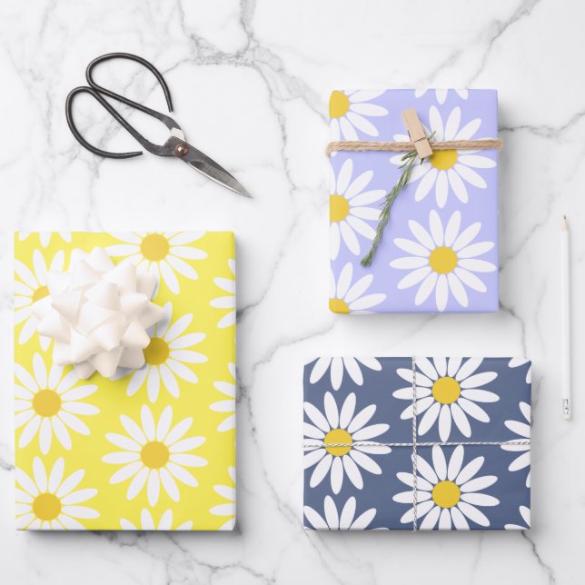 Colourful Daisy Wrapping Paper Flat Sheet Set of 3 (Front)