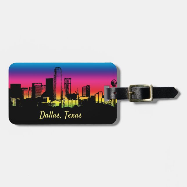 Colourful Dallas Skyline Luggage Tag (Front Horizontal)