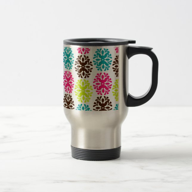 Colourful damask floral girly cute flower pattern travel mug (Right)