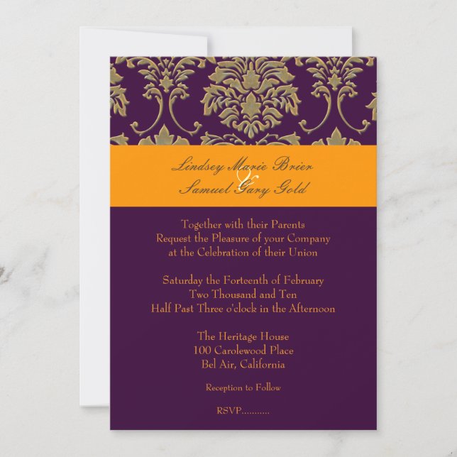 Colourful Damask/plum/orange/lavender Invitation (Front)