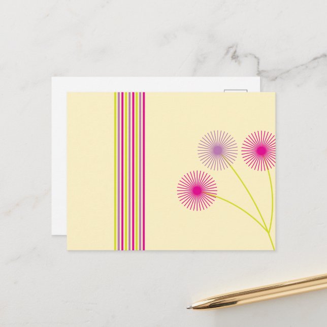 Colourful Dandelion Flowers, Stripes, Boho Abstrac Postcard (Front/Back In Situ)