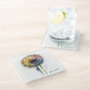 Colourful dandelion in rainbow colour watercolor glass coaster