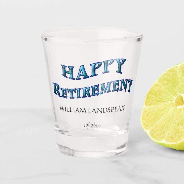 Colourful Dark Blue Wavy Happy Retirement Word Shot Glass (Front)