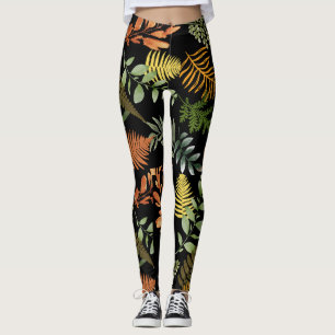 Colourful Dark Fern Botanical Foliage Floral Print Leggings