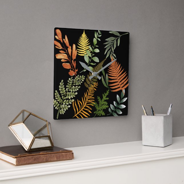 Colourful Dark Fern Botanical Foliage Floral  Square Wall Clock (Office)