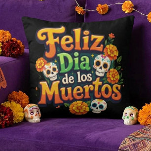 Colourful Day of the Dead Candy Skulls Marigolds Cushion
