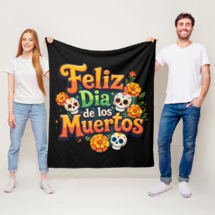 Colourful Day of the Dead Candy Skulls Marigolds Fleece Blanket
