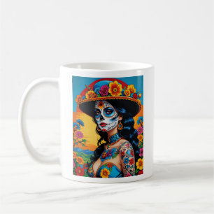 Colourful Day of the Dead Floral Skull Art Tee Coffee Mug