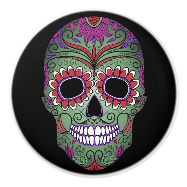 Colourful Day of the Dead Grunge Sugar Skull Ceramic Knob (Front)