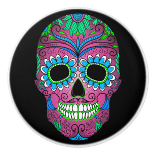 Colourful Day of the Dead Grunge Sugar Skull Ceramic Knob