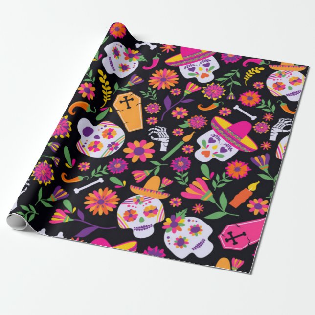 Colourful Day Of The Dead Pattern Wrapping Paper (Unrolled)