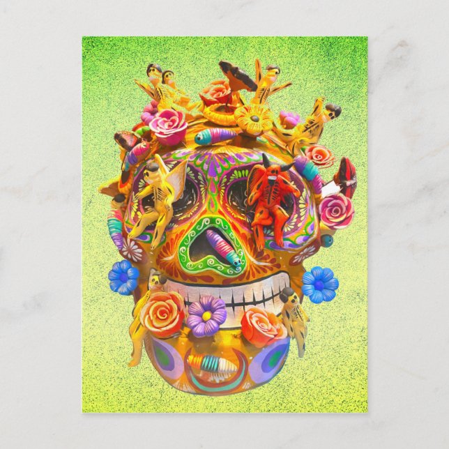 Colourful Day of the Dead Skull Calavera W/ Flower Postcard (Front)