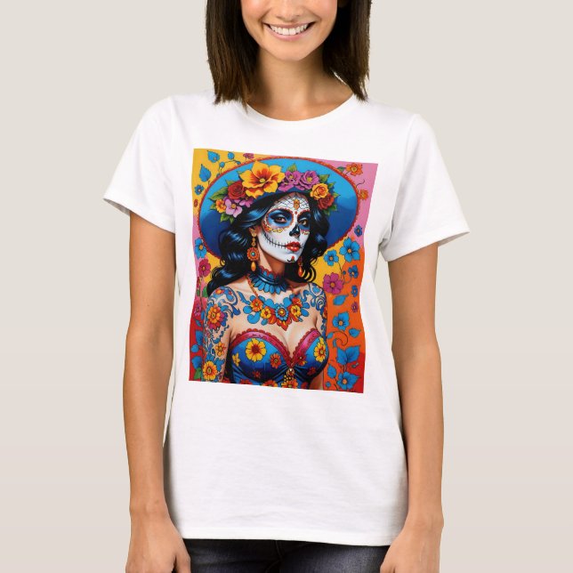 Colourful Day of the Dead Sugar Skull Art Tee (Front)