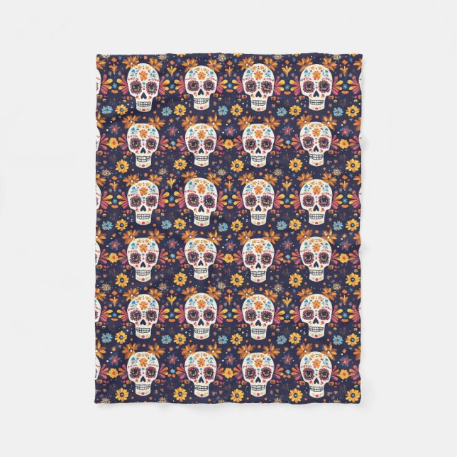 Colourful day of the dead sugar skull fleece blanket (Front)