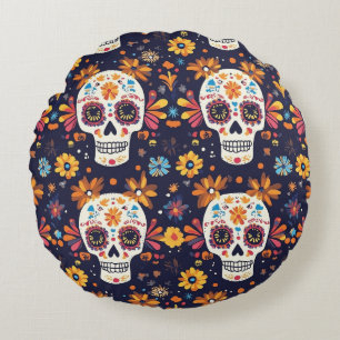 Colourful day of the dead sugar skull round cushion