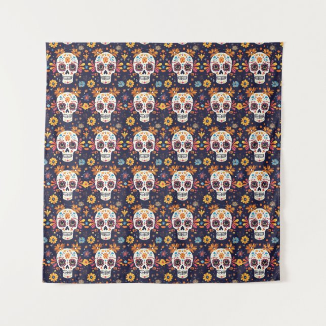 Colourful day of the dead sugar skull seamless pat tapestry (Front)