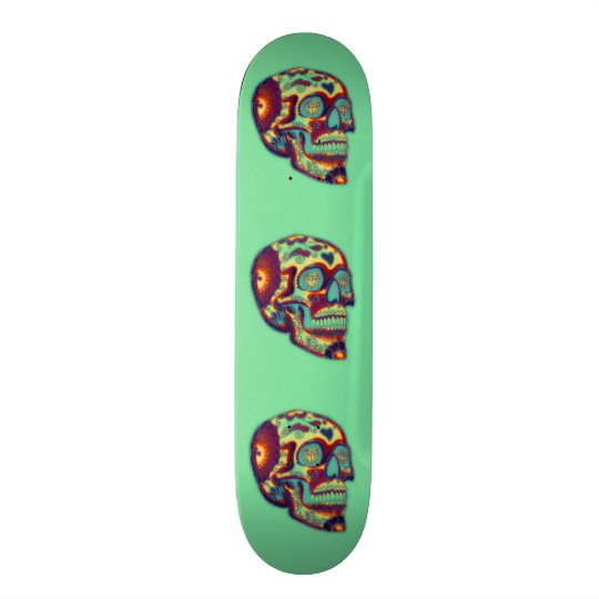 Colourful Decorated Skull On Green 21.6 Cm Skateboard Deck