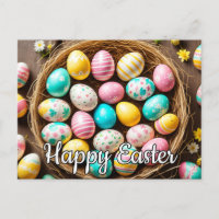 Colourful Decorative Easter Eggs In A Basket