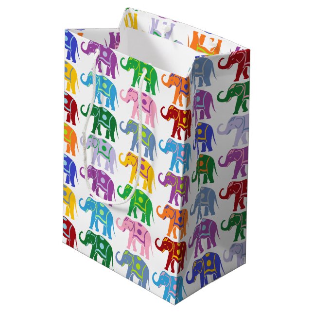 Colourful Decorative Elephants Pattern Medium Gift Bag (Back Angled)