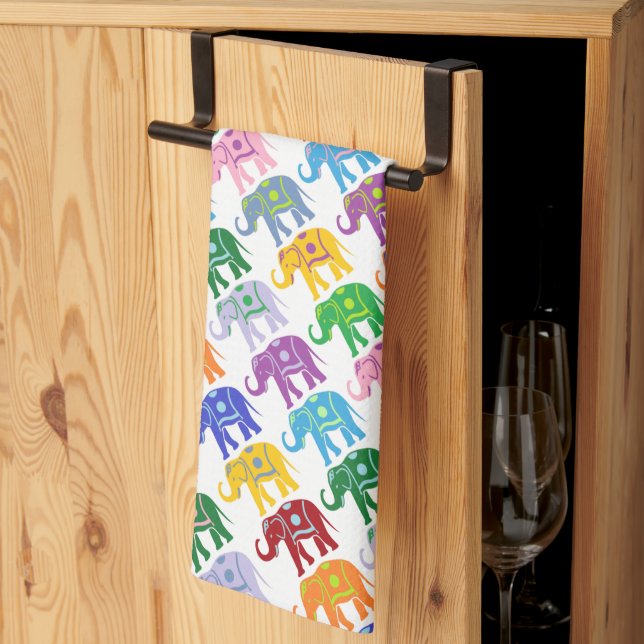 Colourful Decorative Elephants Pattern Tea Towel (Thirds Fold)