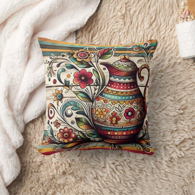 Colourful decorative jar with floral patterns cushion (Blanket)