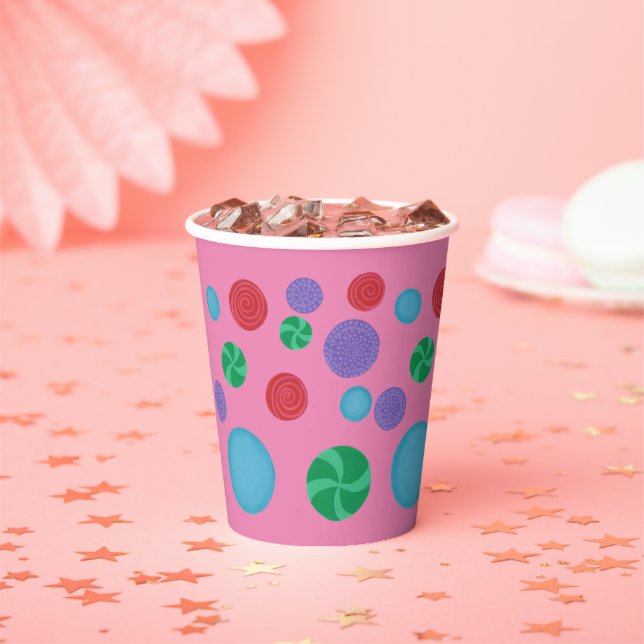 Colourful Decorative Polka Dots on Pink Paper Cups (Insitu)