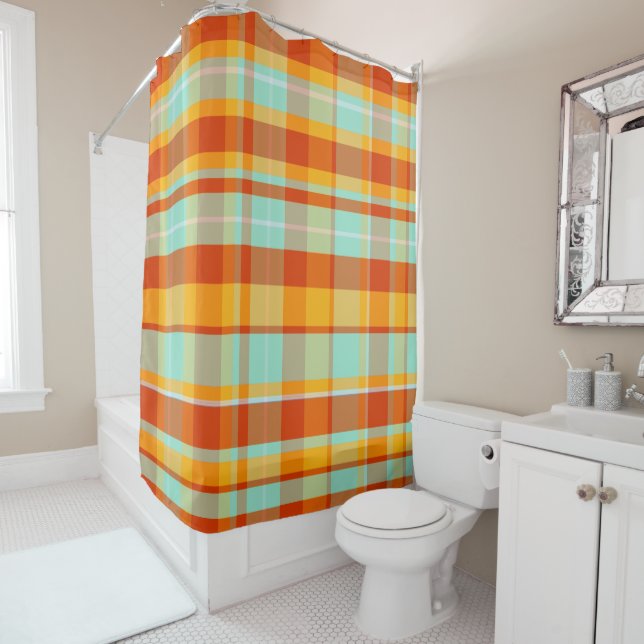 Colourful decorative retro bohemian plaid shower curtain (In Situ)