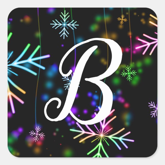 Colourful Decorative Snowflakes Monogram Initial Square Sticker (Front)