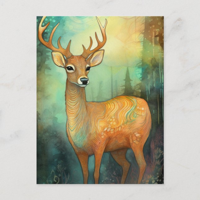 Colourful Deer Mixed Media Painting Postcard (Front)