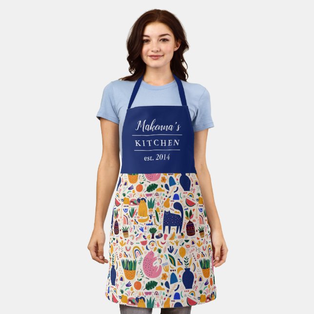 Colourful Desert Boho Cats Pattern Name Apron (Worn)
