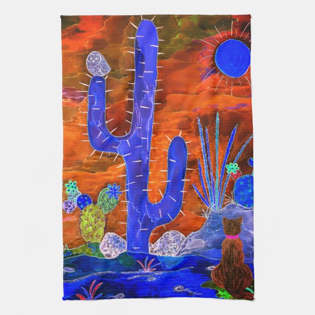 Colourful Desert Cactus Cat Kitchen Towel (Vertical)