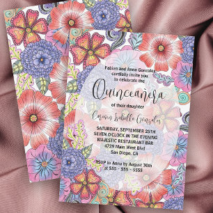 Colourful Detailed Flowers and Leaves Quinceañera Invitation