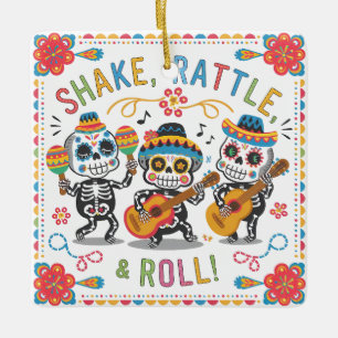 Colourful Día de los Muertos Fiesta Skeleton Band Ceramic Ornament