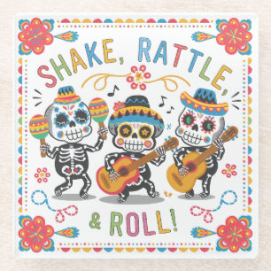 Colourful Día de los Muertos Fiesta Skeleton Band Glass Coaster