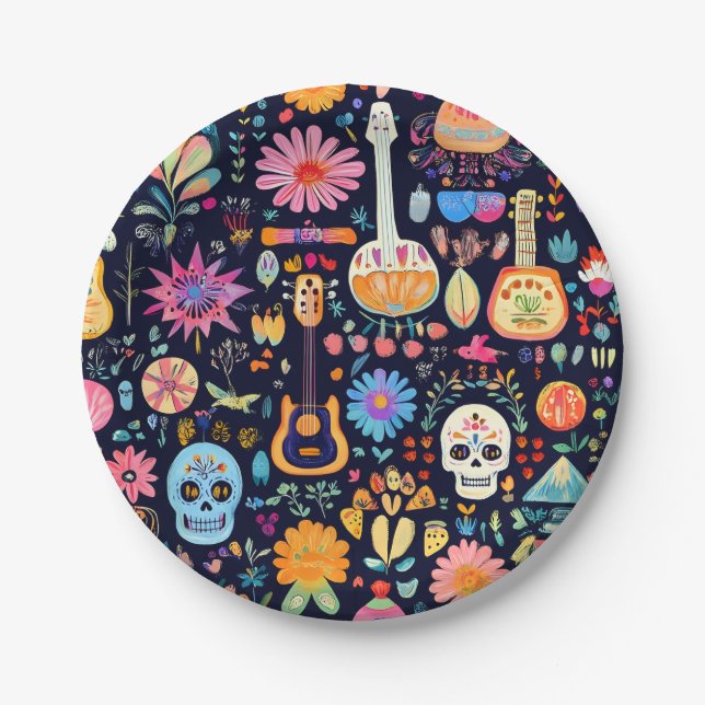 Colourful Dia de los muertos pattern Paper Plate (Front)