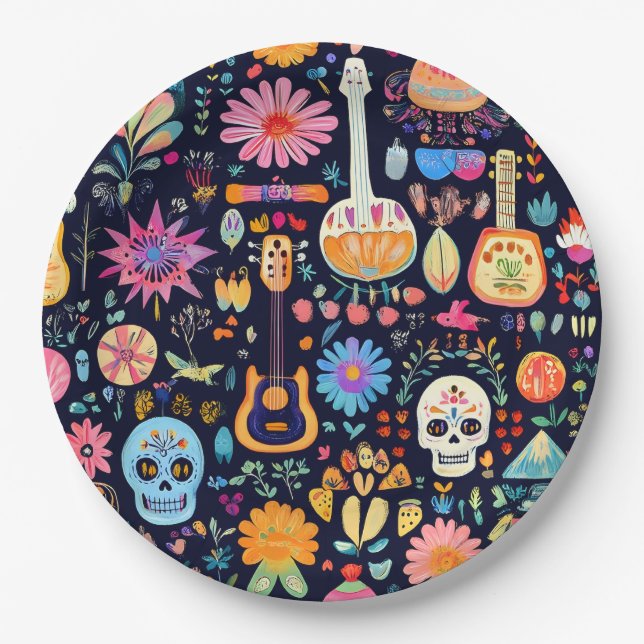 Colourful Dia de los muertos pattern Paper Plate (Front)