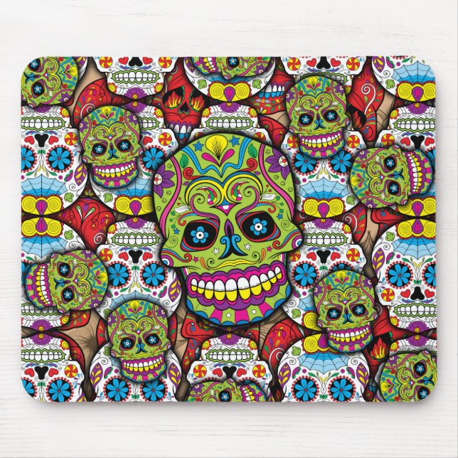 Colourful Dia de los Muertos Skulls Mouse Mat (Front)