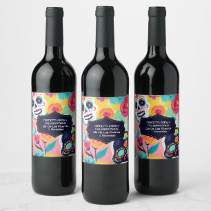 Colourful Dia De Los Muertos sugar skull Wine Label