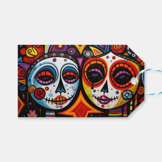 Colourful 💀 Día de Muertos Gift Tags (Front (Horizontal))