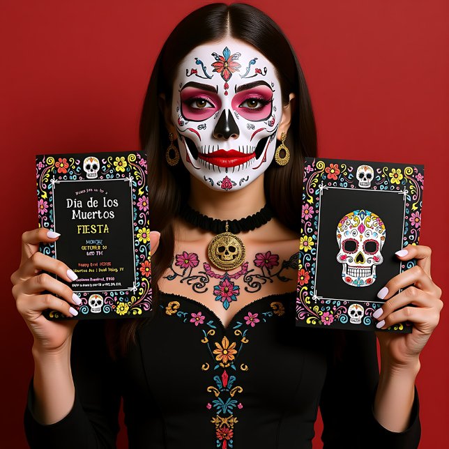 💀🎉 Colourful Día de Muertos Party Invitation (💀🎉 Colorful Día de Muertos Party Invitation - front and back)