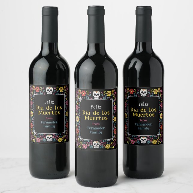 💀🎉 Colourful Día de Muertos Party Wine Label (Bottles)